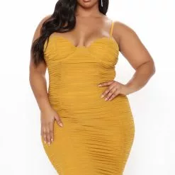 Fashion Nova Need You In My Life Ruched Midi Dress - Mustard -Fashion Nova Dresses Shop 11 12 20Studio3 JP CP 14 24 06 50 JD1221 Mustard 0707 PLUS JK