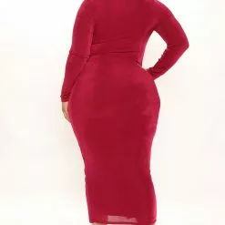 Fashion Nova Silky Smooth Long Sleeve Slinky Dress - Burgundy -Fashion Nova Dresses Shop 11 15 21Studio3 ME KP 11 28 04 20 FD40156 Burgundy 2345 PLUS KL