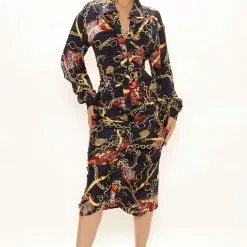 Fashion Nova Becoming Rich Satin Shirt Dress - Navy/combo