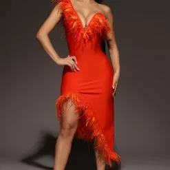 Fashion Nova Alana One Shoulder Feather Midi Dress - Orange