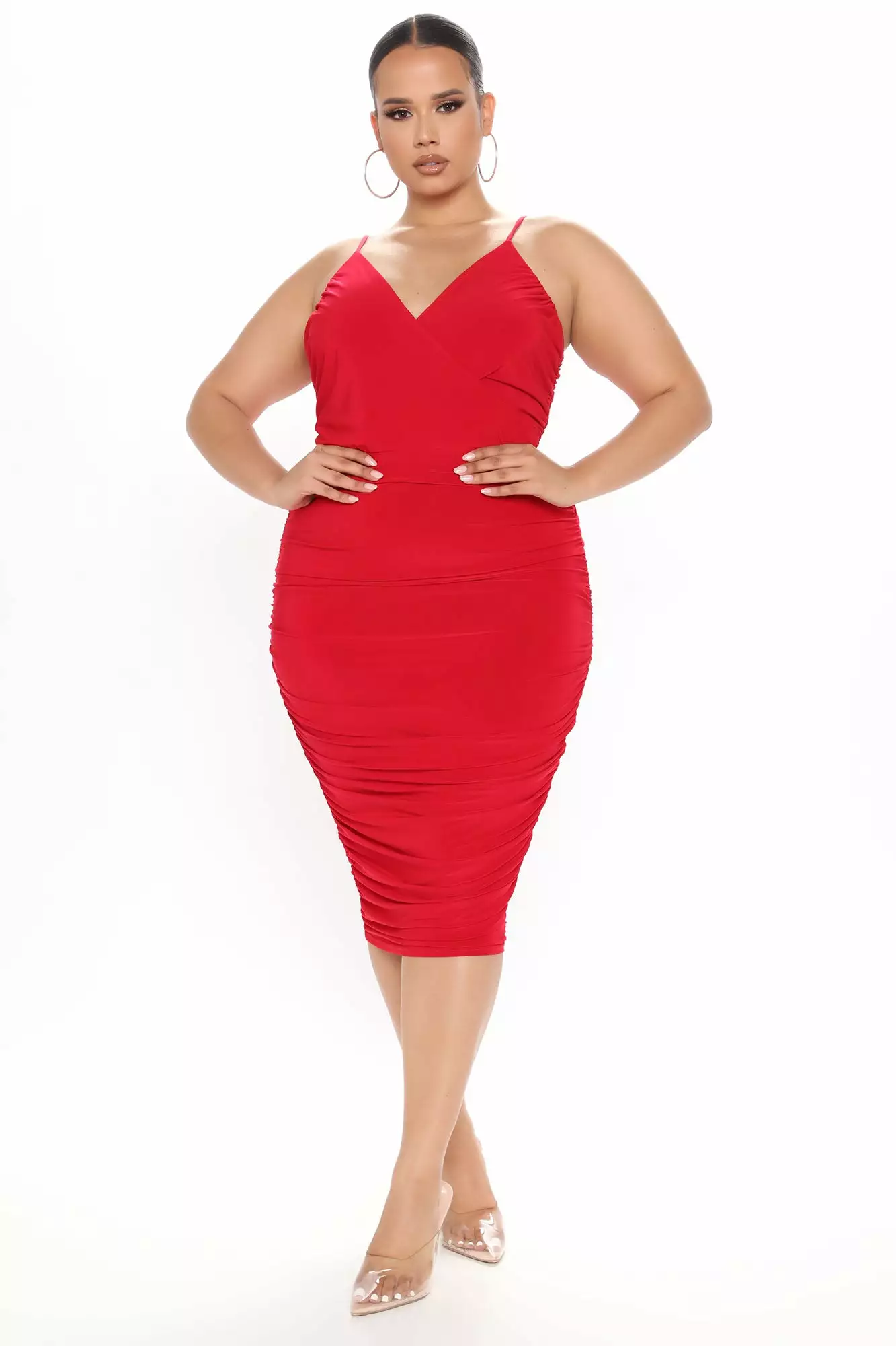 Fashion Nova Lynnea Ruched Midi Dress - Red 6 Fashion Nova Lynnea Ruched Midi Dress - Red - Image 4