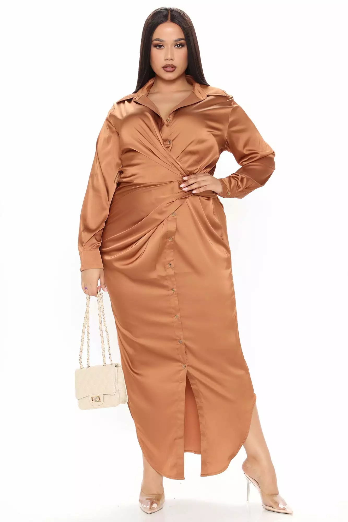 Fashion Nova Gabriella Satin Maxi Shirt Dress - Copper 9 Fashion Nova Gabriella Satin Maxi Shirt Dress - Copper - Image 7