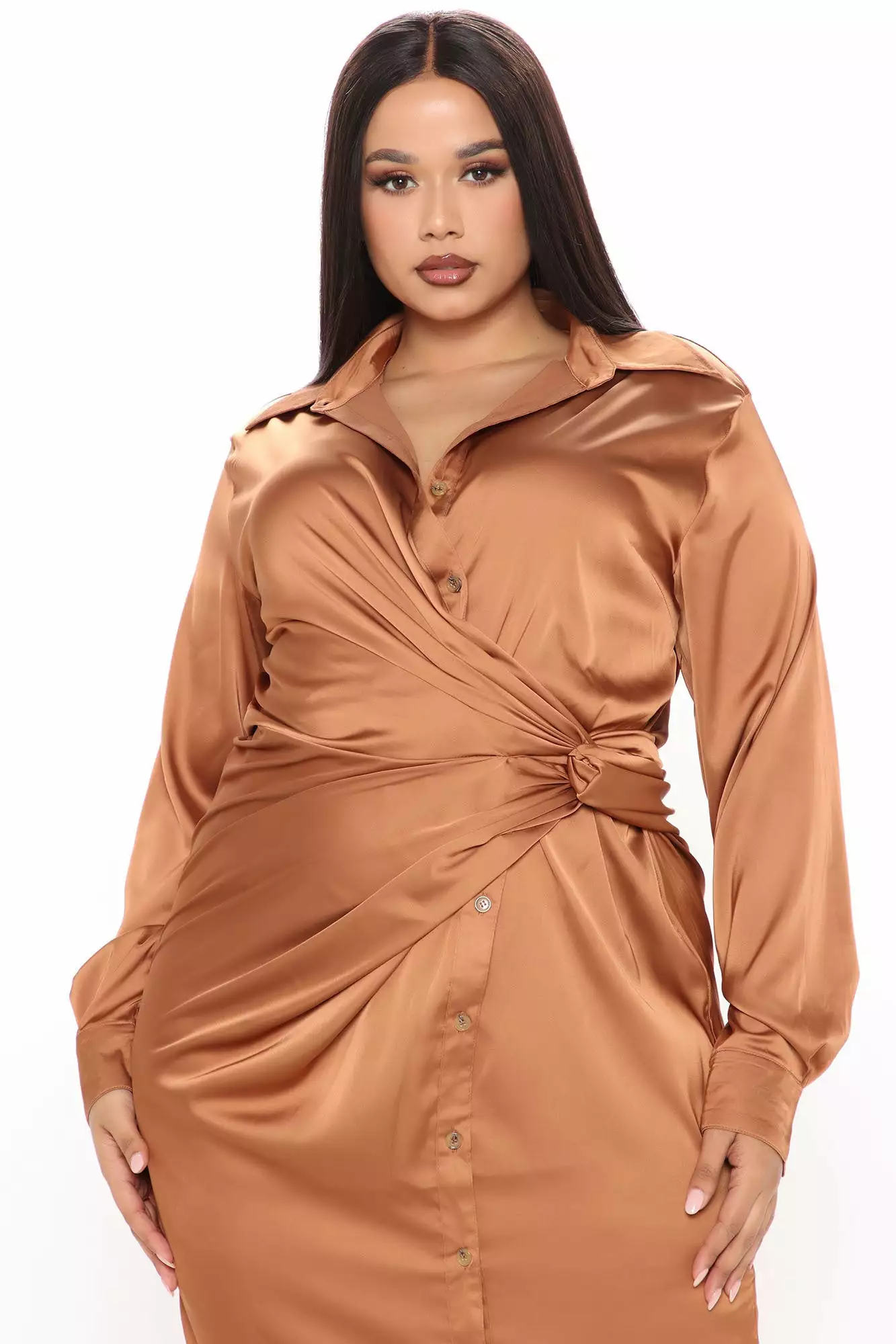 Fashion Nova Gabriella Satin Maxi Shirt Dress - Copper 10 Fashion Nova Gabriella Satin Maxi Shirt Dress - Copper - Image 8