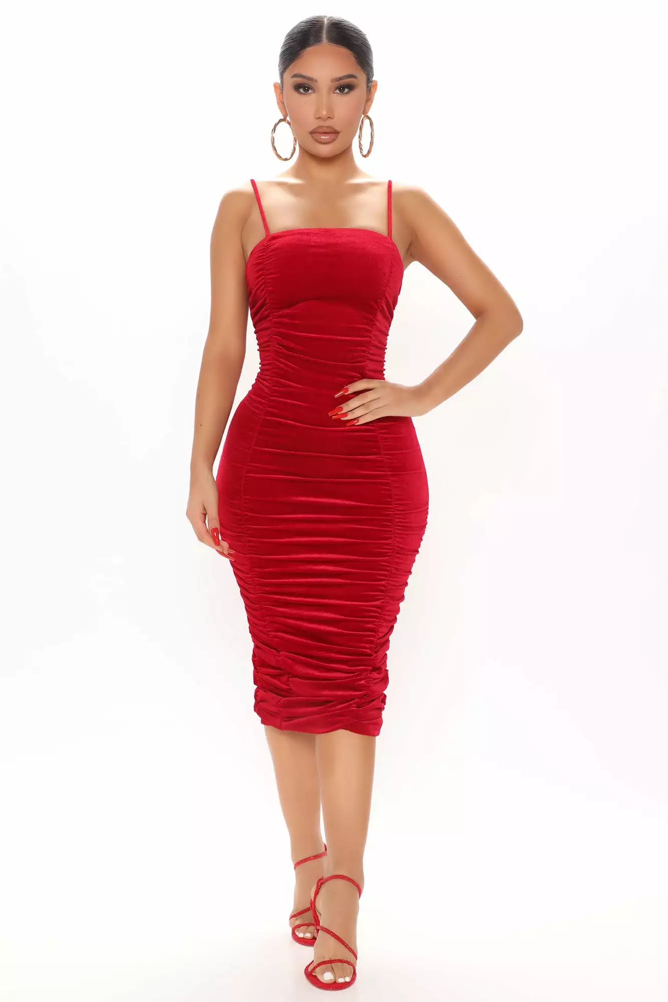 Fashion Nova Smooth Vibe Velvet Ruched Midi Dress - Red 3 Fashion Nova Smooth Vibe Velvet Ruched Midi Dress - Red