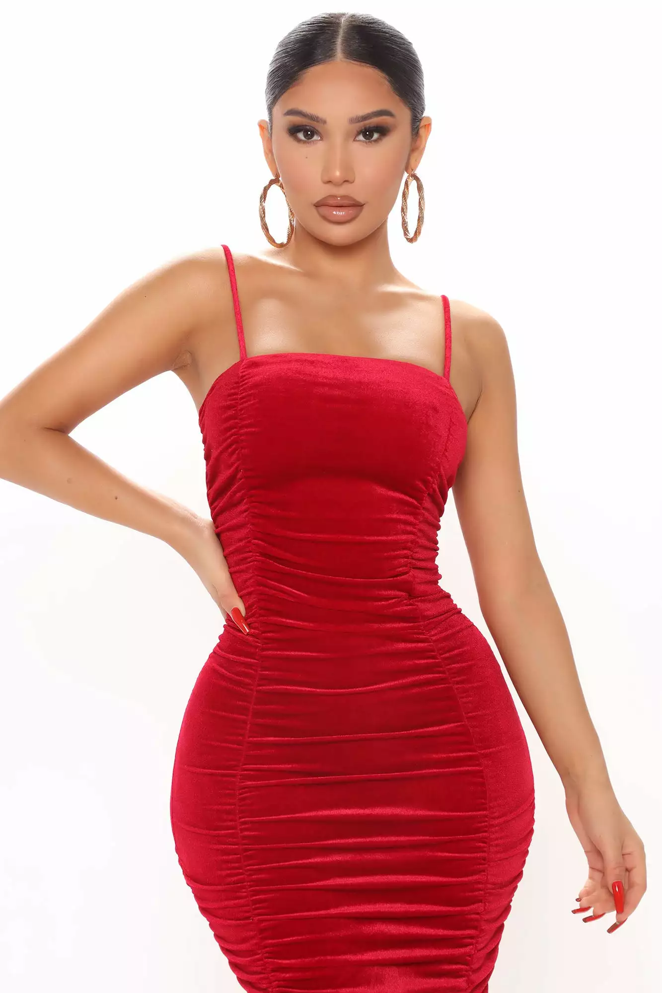 Fashion Nova Smooth Vibe Velvet Ruched Midi Dress - Red 5 Fashion Nova Smooth Vibe Velvet Ruched Midi Dress - Red - Image 3