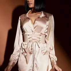 Fashion Nova First Priority Satin Mini Shirt Dress - Mocha -Fashion Nova Dresses Shop 12 17 19 Content MA 16 42 28 Neutral Story 2799 NT JF