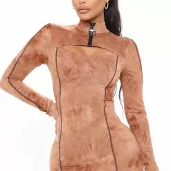 Fashion Nova Zipped In Tie Dye Midi Dress - Brown