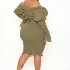 Fashion Nova Kiss Me Smocked Midi Dress - Olive -Fashion Nova Dresses Shop 12 22 21Studio2 DM RL 09 53 21 2 4624DM Olive P 9239 PLUS EH