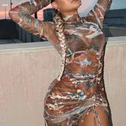 Fashion Nova Angelic Moments Ruched Mini Dress - Brown/combo