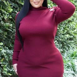Fashion Nova Arie Sweater Mini Dress - Burgundy -Fashion Nova Dresses Shop ArieSweaterMiniDress Burgundy MER PLUS