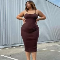 Fashion Nova Ava Snatched Midi Dress - Chocolate -Fashion Nova Dresses Shop AvaSnatchedMidiDress Chocolate MER CURVE