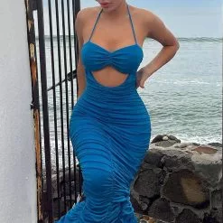 Fashion Nova Coming In Ruched Maxi Dress - Blue