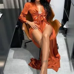 Fashion Nova Entice Me Satin Maxi Dress - Bronze