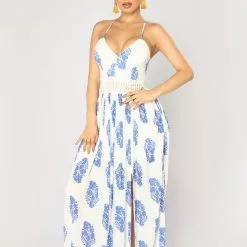 Fashion Nova Holy Slit Dress - Ivory/Royal