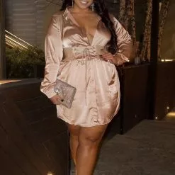 Fashion Nova First Priority Satin Mini Shirt Dress - Mocha -Fashion Nova Dresses Shop FirstPrioritySatinMiniShirtDress Mocha MER PLUS