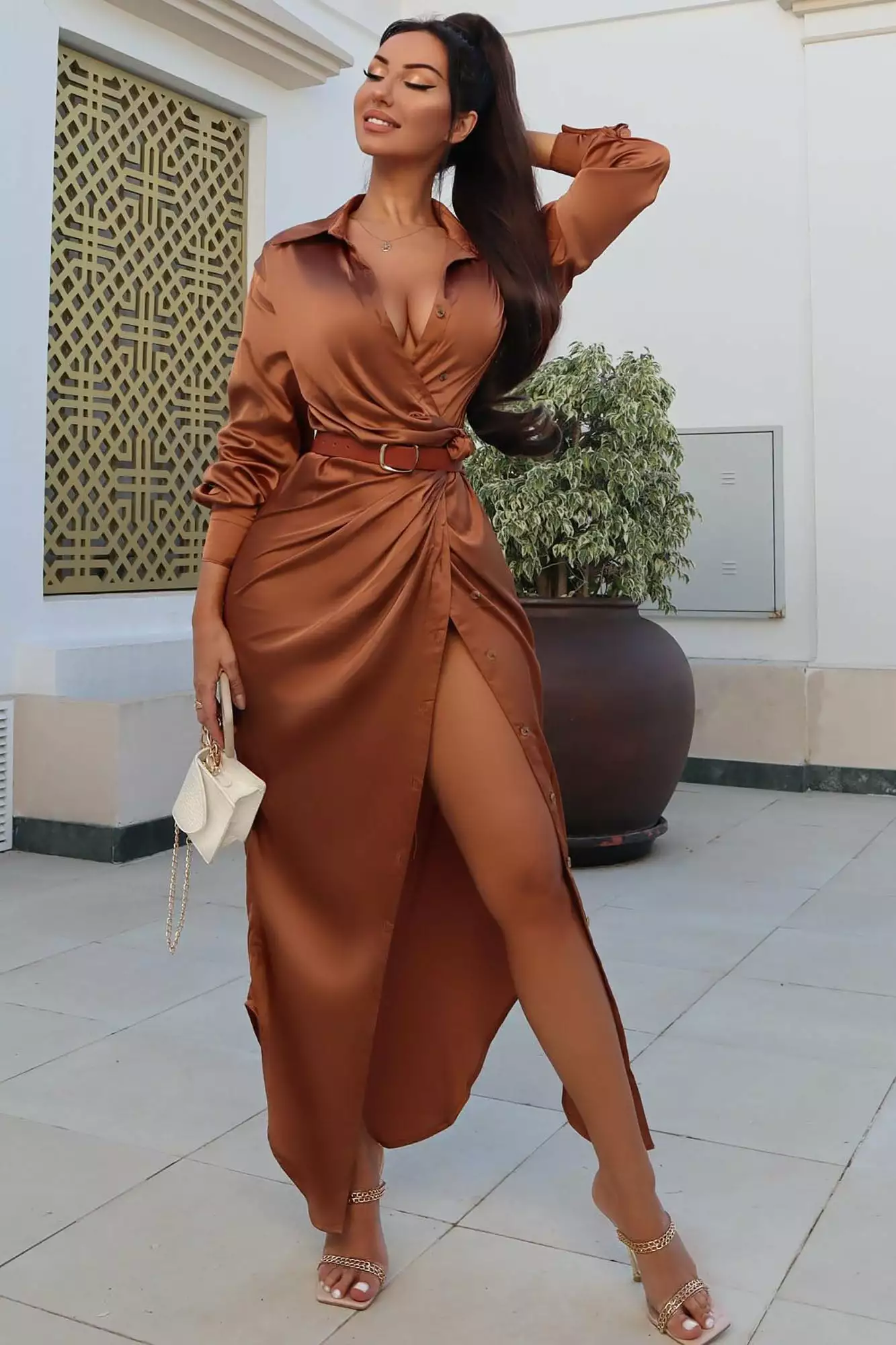 Fashion Nova Gabriella Satin Maxi Shirt Dress - Copper 3 Fashion Nova Gabriella Satin Maxi Shirt Dress - Copper