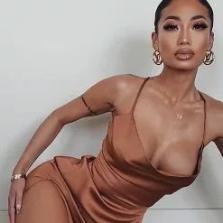 Fashion Nova Give It All To Me Satin Midi Dress - Bronze