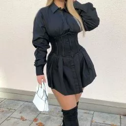 Fashion Nova Happy Hour Corset Shirt Dress - Black