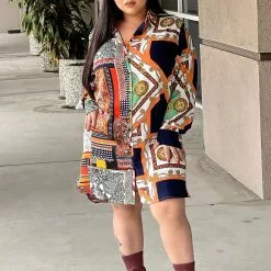 Fashion Nova Hold My Calls Shirt Mini Dress - Orange/combo -Fashion Nova Dresses Shop HoldMyCallsShirtMiniDress Orange combo MER CURVE