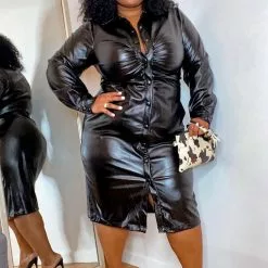 Fashion Nova I Feel Chic Faux Leather Shirt Dress - Black -Fashion Nova Dresses Shop IFeelChicFauxLeatherShirtDress Black mer curve
