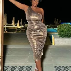 Fashion Nova Kaelynn Metallic Midi Dress - Bronze -Fashion Nova Dresses Shop KaelynnMetallicMidiDress Bronze MER PLUS