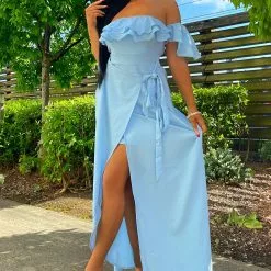 Fashion Nova Mara Off Shoulder Maxi Dress - Light Blue