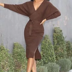 Fashion Nova Mona Sweater Midi Dress - Chocolate