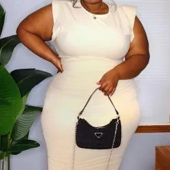 Fashion Nova One And Only Shoulder Pad Midi Dress - Cream -Fashion Nova Dresses Shop OneAndOnlyShoulderPadMidiDress Cream MER PLUS