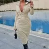 Fashion Nova Priyah Poplin Midi Dress - Taupe -Fashion Nova Dresses Shop PriyahPoplinMidiDress Taupe MER