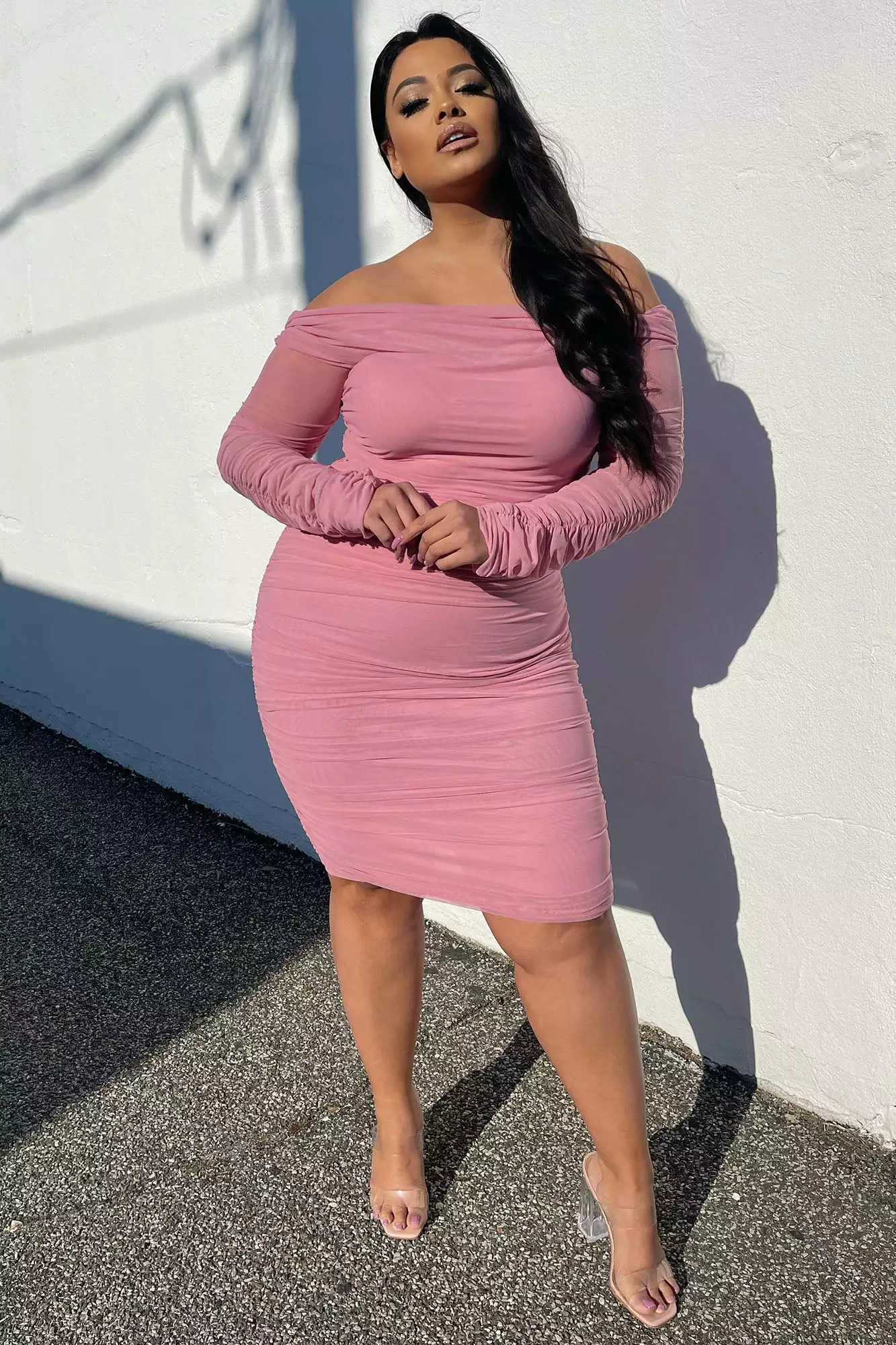 Fashion Nova Ready In A Ruched Off Shoulder Midi Dress - Pink 7 Fashion Nova Ready In A Ruched Off Shoulder Midi Dress - Pink - Image 5