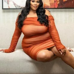 Fashion Nova Ready In A Ruched Off Shoulder Midi Dress - Rust/Nude -Fashion Nova Dresses Shop ReadyInARuchedOffShoulderMidiDress RustNude MER PLUS