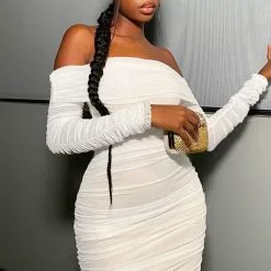 Fashion Nova Ready In A Ruched Off Shoulder Midi Dress - White