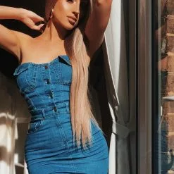 Fashion Nova Riding Passenger Denim Tube Dress - Medium Wash