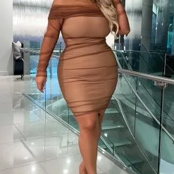 Fashion Nova Ruched And Ready Bandage Midi Dress - Taupe -Fashion Nova Dresses Shop Ruchedandreadybandagemididress Taupe MER PLUS