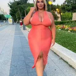 Fashion Nova Selene Midi Dress - Coral -Fashion Nova Dresses Shop SeleneMidiDress Coral MER CURVE