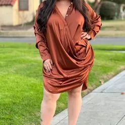 Fashion Nova Time Of Your Life Satin Shirt Dress - Brown -Fashion Nova Dresses Shop TimeOfYourLifeSatinShirtDress Brown MER PLUS