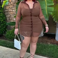 Fashion Nova You Mesh Me Mini Dress Set - Mocha -Fashion Nova Dresses Shop YouMeshMeMiniDressSet Mocha MER PLUS